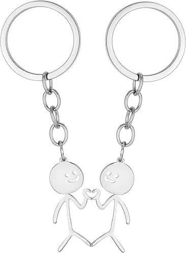 2Pcs Finger Heart Keychains, Matching Couples Keychain for Men Women Friendship Doodle Small Metal Funny Key Chains Bag Wallet(Stainless Steel, Sliver)