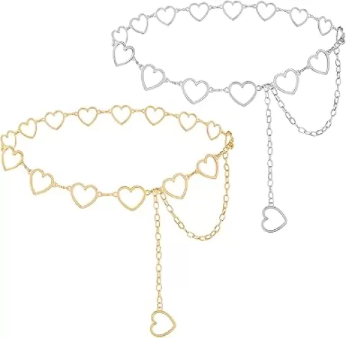 2Pcs Heart-Shape Chain Belts for Women, Adjustable Waist Chain Hollow-Design Body Link Belts Metal Waistband Decorated