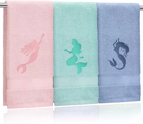 3 Pack Coastal Mermaid Hand Towels for Bathroom 100% Cotton Embroidered Beach Bathroom Towels 13.78 x 29.53 Inch Soft Absorbent(Pink Green Blue, Mermaid)