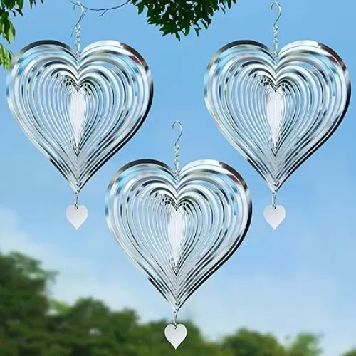3 Pcs Heart Wind Spinner, 3D Outdoor Metal Hanging Flowing Stainless Steel Mirrored Patio Wind Chime Decor with 360° Rotating Hook for Yard Garden Balcony Women Mother's Day Present