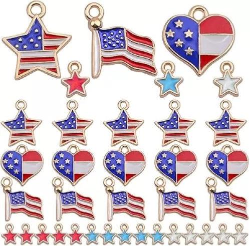 30pcs American Flag Charms Patriotic Enamel Flag Heart Star Shape Pendants and 30pcs Enamel Star Charms for Independence Day Ornament DIY Jewelry Making Decoration, Mixed Colors