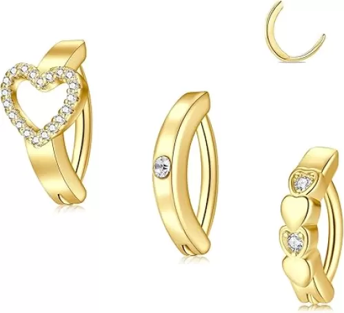 3Pcs 14K Gold Belly Button Ring For Women, Hypoallergenic 316L Surgical Steel Sparkling CZ Heart Clicker Navel Hoop Body Piercing Jewelry
