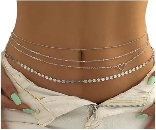 4Pcs Rhinestone Heart Waist Chain Belt Jewelry Summer Beach Multi-Layered Copper Sequins Tassel Waist Belly Chain Sexy Bikini Crystal Bead Dancer Belly Body Chains Jewelry for Women