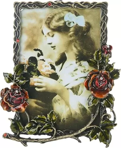 4x6 Picture Frame Vintage Decor Ornate Red Rose Flower Antique Photo Frame with Glass Front Metal Brass Art Table Top Decor for Valentines Wedding Anniversary Birthday Mothers Day Gifts