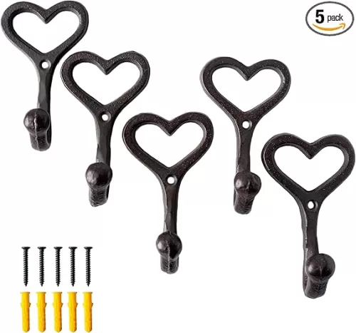 5 Pcs Love Heart Coat Hooks 3.8'' Cast Iron Wall Hooks Decorative Keys Mugs Bags Towels Hanger