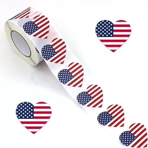 500 Heart-Shaped American Flag Stickers, 1.5 inches Waterproof Patriotic Stickers, USA Flag Design for Patriotic Decorative Party Supplies 4th of July Favors