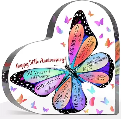 50th Anniversary Butterfly Acrylic Sign, 4" x 4" Heart-Shaped Decorative Sign for Him Her Couples, Gift, Special Occasions