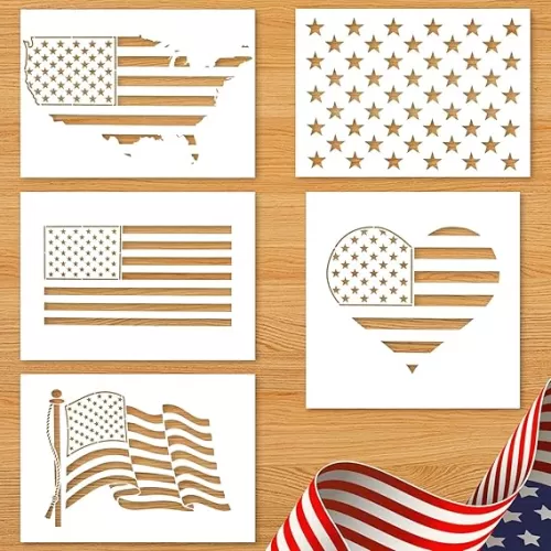 5Pcs American Flag Sencils 50 Star Stencil Heart Map Star Templates Reusable American Flag Templates Stencils for Painting on Wood Walls Canvas Fabric Paper DIY Crafts 5x7/6x6 inch