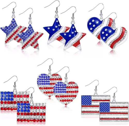 6 Pairs American Flag Earrings 4th of July Earrings Drop Patriotic Star Heart Shape Earring Independence Day Gift Jewelry Accessory