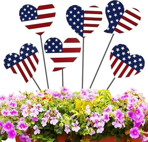 6 Pcs 12" H Metal Barn Garden Stake 4th of July American Yard Sign Patriotic USA Flag Yard Sign for Planter Pot Walkway Pathway Independence Day Outdoor Decor 4th of July Decoration(Heart)