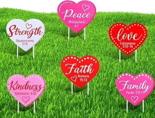 6 Pcs Valentine‘s Day Yard Signs Religious Heart-shaped Lawn Sign Valentine Bible Verse Heart Yard Decoration with Stakes for Church Outdoor Wedding Anniversary Patio Pathway Garden Decor