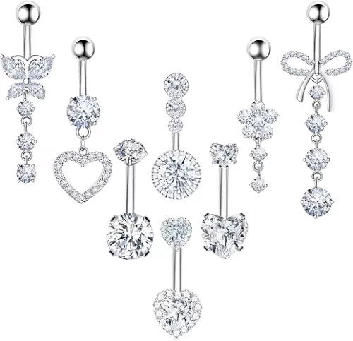 8Pcs Gold Pink Silver Belly Button Ring Dangle Navel Belly Piercing Jewelry Cute CZ Butterfly Heart Flower Bow Navel Belly Rings for Women 14G Hypoallergenic Surgical Stainless Steel Dainty Dangling Dangly Belly Button Piercing Pack