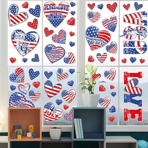 9 Independence Day Window Stickers Double Sided Heart Shaped American Love Flag Design for Statue of Liberty 4th of July Memorial Day Window Glass Display Decoration