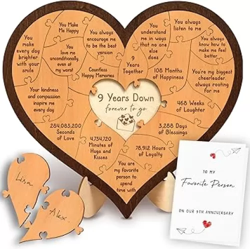 9 Year Anniversary Pottery Gifts for Him Her - Happy 9th Anniversary Wedding Gifts for Husband Wife, Willow Gift for 9 Years Wood Heart Puzzle