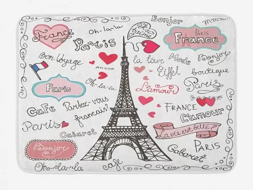 Ambesonne Eiffel Tower Bath Mat, Paris Lettering Heart Shapes Flag Ornamental Sketchy Doodle, Plush Bathroom Decor Mat with Non Slip Backing, 30.2" x 20", Black White Pink