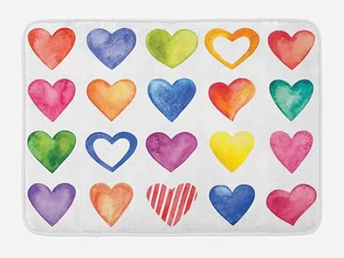 Ambesonne Grunge Bath Mat, Rainbow Color Heart Shapes Valentine's Day Design Romantic His and Hers Theme, Plush Bathroom Decor Mat with Non Slip Backing, 30.2" x 20", Red Blue Yellow