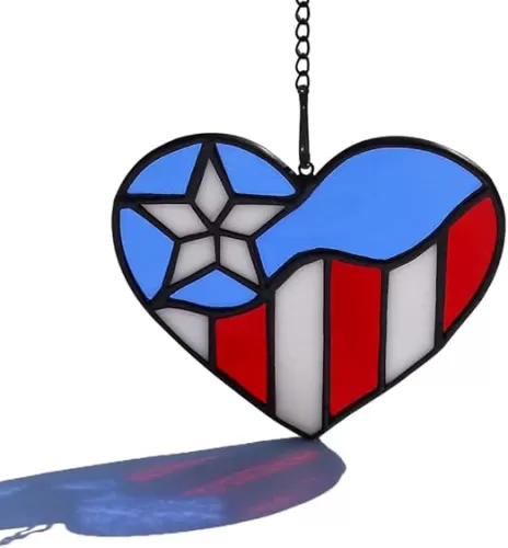 American Flag Heart Ornament, Tiffany Style Stained Glass Window Hanging, Patriotic Decor, Birthday Gift for Veteran, Men Father Grandpa Grandma