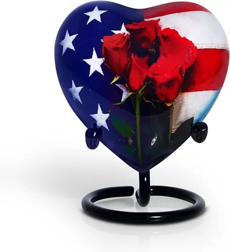 American Flag Heart Shaped Cremation Urns - Memorial Funeral Urn Ashes Keepsake for Humans & Pets – Keepsake Urns for Human Ashes w/Durable Metal Stand - Handcrafted Decorative Urns for Home Décor