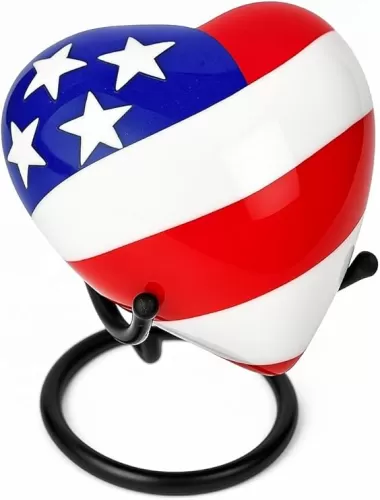 American Flag Heart Shaped Cremation Urns Patriotic Mini Memorial Urn with Stand and Velvet Box, 3 inches, White , Red, Blue & Black