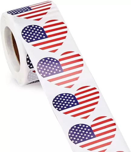 American Flag Stickers, 500-Count USA Flag Stickers, Patriotic Label Roll, Heart Shaped, 1.25 x 2.125 Inches