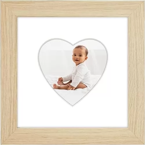 Americanflat 4x4 Picture Frame with Heart Mat Insert and Shatter-Resistant Glass - Signature Collection - Designer Square Frames for Tabletop and Wall - 6x6 Picture Frame without Mat - Natural Oak