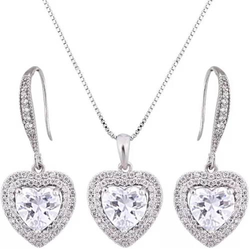 AMYJANE Crystal Jewelry Set Bride Bridesmaid- Sterling Silver Heart Shape Cubic Zirconia Crystal Bridal Pendant Necklace Earrings Set for Women