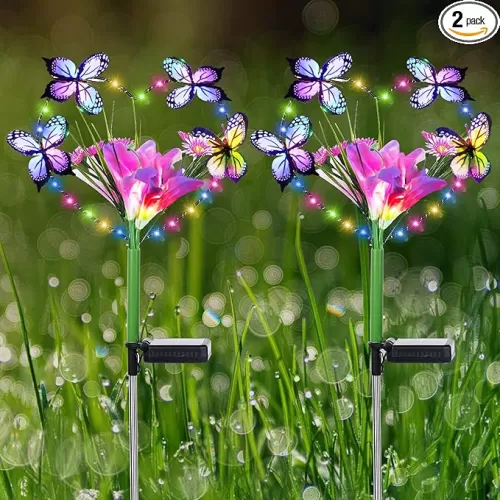 Aukora Solar Garden Lights Outdoor Waterproof, A Heart-Shaped Garland Design with Artificial Butterflies ＆ Flowers, 7 Color Changing LED Beads for Patio Yard Wedding Decor, Gifts for Women (2-Pack)