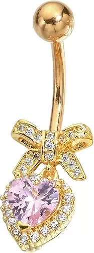 B BodyPJ Sparkles Peach Heart Bow Stainless Steel CZ Dangle Navel Piercing Barbell Belly Button Rings For Women