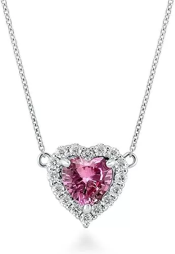 BERRICLE Sterling Silver Halo Pink Heart Shaped Cubic Zirconia CZ Heart Anniversary Pendant Necklace for Women, Rhodium Plated 16 inch