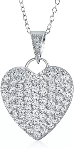 Bling Jewelry Romantic Elegant Large Bridal Pave Cubic Zirconia CZ Puff Heart Shape Pendant Necklace For Women Teen .925 Sterling Silver