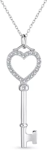 Bling Jewelry Romantic Key to Her Heart Vintage Style Clover Key Pendant Necklace for Women Pave Cubic Zirconia CZ 14K Gold Plated .925 Sterling Silver