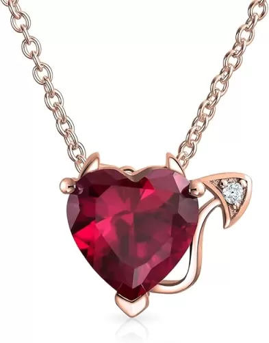 Bling Jewelry Romantic Promise Valentine Cubic Zirconia Ruby Red AAA CZ Devil Heart Pendant Necklace For Women Teens Rose Gold Plated .925 Sterling Silver