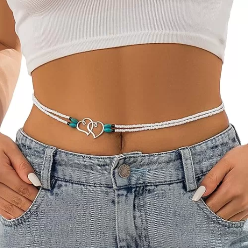 Boho Double Layer Beaded Waist Chain Jewelry, Sexy Heart Pendant Adjustable Belly Body Chain, Summer Beach Heart Body Chain, Bikini Beads Waist Body Jewelry for Women (Heart)
