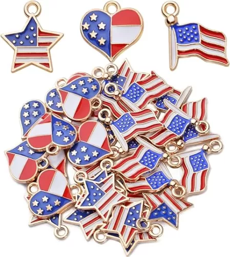 BronaGrand 30pcs American Flag Charms Pendant Flag Heart Star Shape Charms Patriotic Enamel Charms Craft Supplies