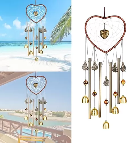 Bwinka Unique Sweet Heart Dream Catcher Wind Chimes Brass Bell for Outdoor Garden Home Hanging Decoration…