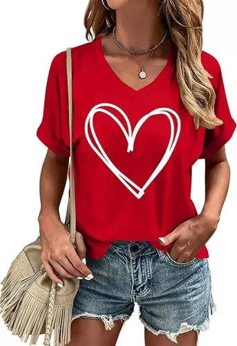 Casual Shirt for Women: Funny Love Heart Graphic V Neck Short Sleeve Tee Top