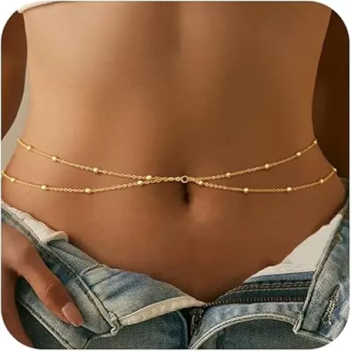 CHESKY Gold Waist Chain for Women, 14K Gold Plated Layered Belly Chain for The Waist Adjustable Waterproof Sexy Bikini Satellite Beads Chain Summer Non Tarnish Body Chain Jewelry Gifts for Women