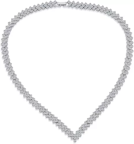 Classic Traditional Bridal Graduated Heart Shape Teardrop AAA CZ V Chevron Front Heart Latch Clasp Statement Collar Tennis Necklace Jewelry Set For Women Wedding Prom Silver Plated