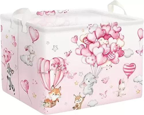 Clastyle Hot Air Balloon Animal Baby Laundry Hamper Kid Storage Basket Boy Girl Gift Toy Box Pink Collapsible Large Clothes Organizer Nursery Bin for Bedroom, Heart, 40 * 30 * 30 cm