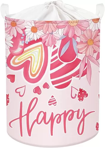 Clastyle Pink Flower Baby Laundry Hamper Kid Storage Basket Girl Gift Toy Box Collapsible Clothes Organizer Nursery Bin for Bedroom, Heart, 36 * 45 cm