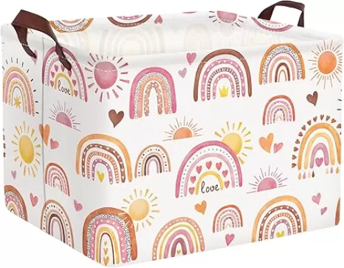 Clastyle Rectangular Boho Rainbow Storage Basket Pink Purple Sun Heart Girl Clothes Hamper Toy Book Shelf Basket for Kid Room Decor Kindergarten