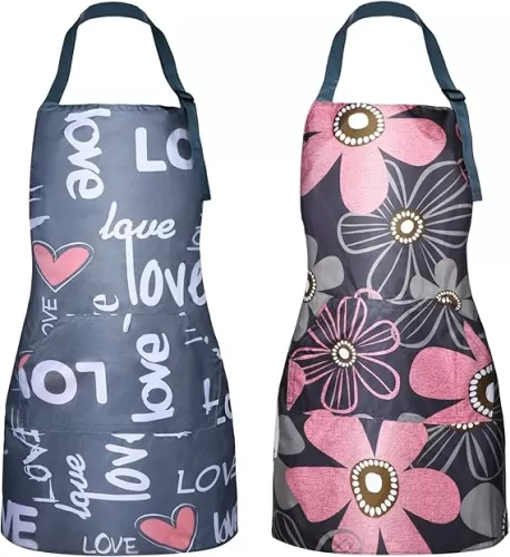 cobee 2 Pcs Aprons For Women with Pockets, Waterproof Apron Adjustable Kitchen Aprons Baking Aprons, Cooking Garden Apron for Gardening Baking Crafts Unisex(Love)