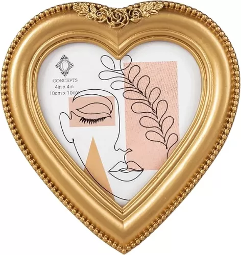 Concepts 4x4 Gold Beaded Resin Heart Shaped Picture Frame With HD Clear Glass, Extra Durable Photo Frames -Tabletop Display (Gold, 4x4)