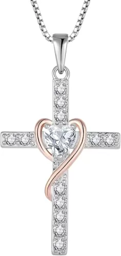Cross Necklace 925 Sterling Silver heart-shaped Necklace Cross Dangle Drop Religious Jewelry Christian Baptism Gift