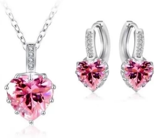 Cubic Zirconia Heart Pendant Necklace and Earrings Set, White Gold Plated , White Gold Plated Cubic Zirconia Heart Shape Earrings and Pendent Necklace Jewellery Set for Women , Bridesmaid Jewellery For Wedding , Engagement, Gift & Party