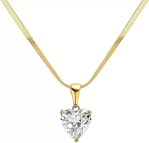 Cubic Zirconia Pendant Necklace - Round, Heart, Rectangle Shapes - Stainless Steel Herringbone Chain with PVD Coating