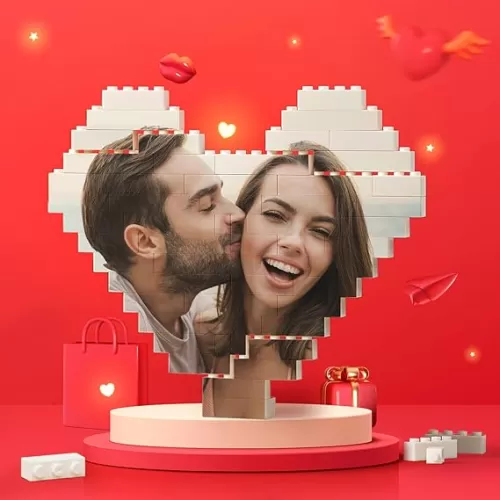 Custom Building Brick Personalized Photo Block Puzzle Heart Shaped Picture Customized Valentines Day Gifts for Him, Her, Couples