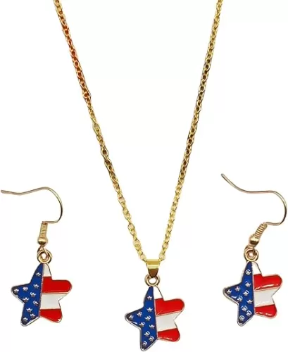 Cute 4th of July Jewelry Set Red White Blue Star Heart American Flag Shape Pendant Necklace Earrings for Women USA Independence Day Patriotic Accessories