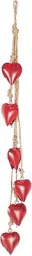 Deco 79 Metal Heart Indoor Outdoor Decorative Cow Bells Tibetan Inspired Meditation Bell with 6 Bells on Jute Hanging Rope, Cow Bell 4" x 2" x 35", Red