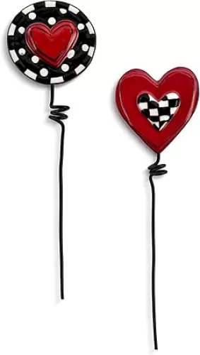 Demdaco Indoor Outdoor Plant Yard Art Stake Pick, 2 x 7 Inch Ceramic and Metal, Checkered Heart - Set of 2
